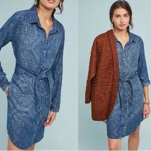Anthropologie Cloth & Stone Chambray Floral Long Sleeves Belted Shirtdress